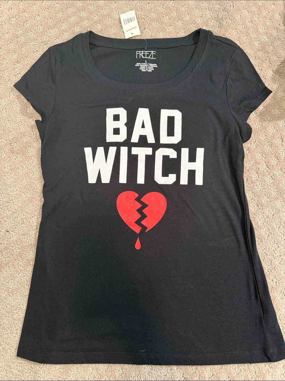 Freeze Black Short Sleeve Tee with White 'Bad Witch' Text and Red Broken Heart